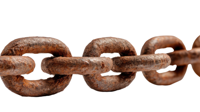 Rusty Chain: A close-up shot captures a section of a weathered, rusty chain, the links worn and aged with a rich texture, symbolizing strength, connection, and the passage of time.