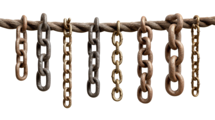 Variety of Metal Chains: Close-up shot showcasing an array of weathered metal chains, each with a unique link design, suspended in a line to illustrate variation and texture.