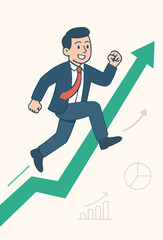 An investor confidently rides an upward-trending arrow, symbolizing stock market growth and financial success
