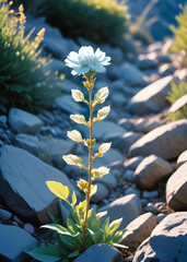 Beautiful blue and white flowers in the middle of rocks