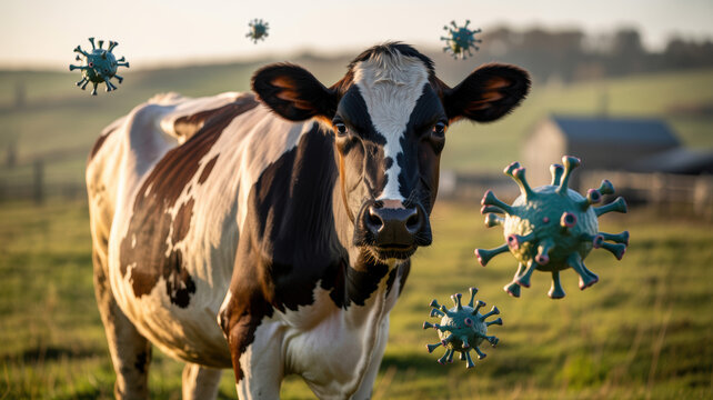Dairy cow with avian flu virus particles, symbolizing animal health risks and disease prevention.