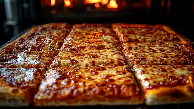 Deliciously sliced, rectangular pizza with melted cheese