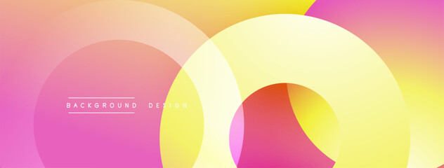 Abstract gradient circles overlap. Pink, yellow, purple hues create modern design. Smooth transitions, dynamic composition.