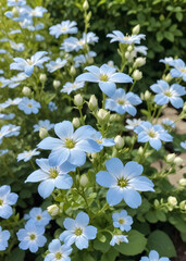 Collection of beautiful blue and white flowers in the garden
