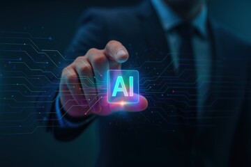 Businessman Pressing Holographic AI Icon on Futuristic Touchscreen with Circuit Light Trails
