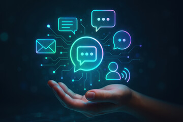 Hand Displaying Holographic Communication Icons with Email, Chat Bubbles, and Digital Lines