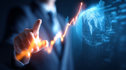 Businessman Touching Rising Graph with Global Data