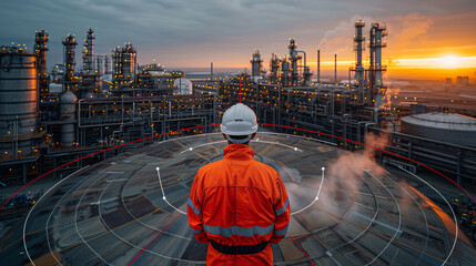 Engineer Monitoring Oil Refinery at Sunset