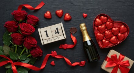 Romantic Valentine's Day Arrangement with Red Roses, Champagne, Chocolates, and a February 14th Calendar