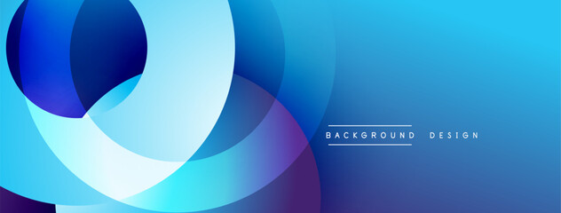 Abstract blue design features overlapping circles, gradients. Modern aesthetic suitable for backgrounds, presentations. Clean, vibrant composition.