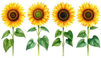 Obraz premium watercolor set of four sunflowers with green leaves, isolated on transparent background 