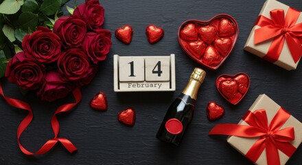 Romantic Valentine's Day Arrangement with Red Roses, Champagne, Chocolates, and a February 14th Calendar