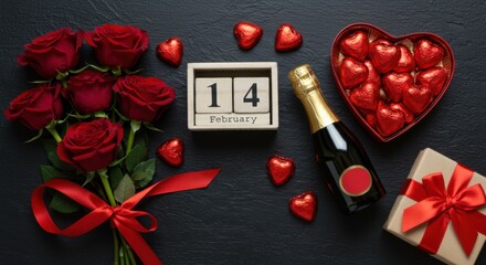 Romantic Valentine's Day Arrangement with Red Roses, Champagne, Chocolates, and a February 14th Calendar