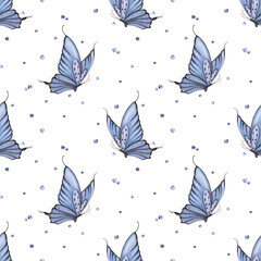 Hand drawn watercolor blue butterfly with polka-dots seamless pattern isolated on white background. Can be used for textile, fabric, scrapbook and other printed products.