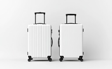 White blank suitcase luggage mockup set, isolated on a white background. Minimalist design with two plastic suitcases standing side by side. High-resolution product photo. 