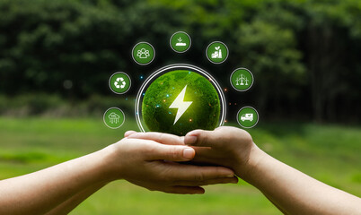 Hands Cradling Green Globe with Energy Icons Symbolizing Sustainability
