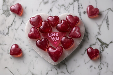 Fototapeta premium Colorful heart-shaped candies arranged in a heart-shaped box with a message for a romantic celebration on a marble surface. Generative AI