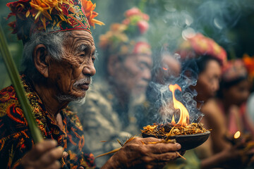 Traditional ritual in Bali showcasing elders performing fire offerings during a cultural ceremony in a lush forest setting. Generative AI
