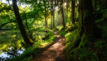 Serene Green Forest with Gentle Sunlight and Nature Path