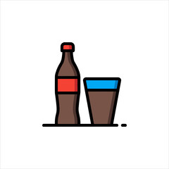 A bottle of cola and a blue cup
