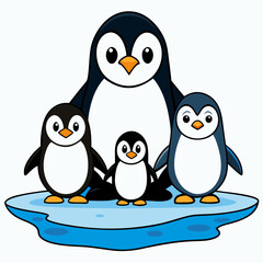 Cute penguin family standing together on a snowy ice floe, perfect for winter and wildlife themes