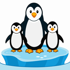 Cute penguin family standing together on a snowy ice floe, perfect for winter and wildlife themes