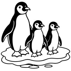 Cute penguin family standing together on a snowy ice floe, perfect for winter and wildlife themes