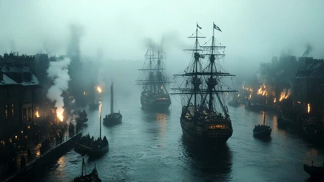 Historic port scene with ships in a foggy harbor