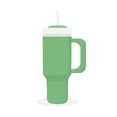 Flat Illustration of Stanley Tumbler Glass with Straw and Handle in Green Color