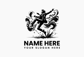 Dynamic suited dancer silhouette with energetic paint splashes vector logo. Artistic movement emblem  