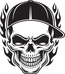 Urban Skull silhouette Vector – Cool Skeleton Head in Baseball Cap with Flames | Black and White Flaming Skull Wearing a Baseball Cap Illustration