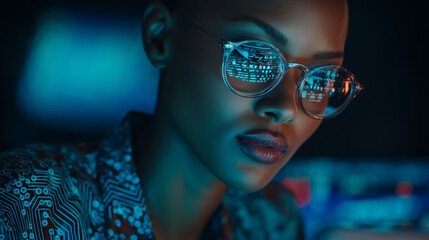 Black tech professional woman at modern desk with abstract circuit pattern, cool blue lighting, and futuristic ambiance series