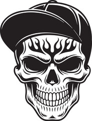 Urban Skull silhouette Vector – Cool Skeleton Head in Baseball Cap with Flames | Black and White Flaming Skull Wearing a Baseball Cap Illustration