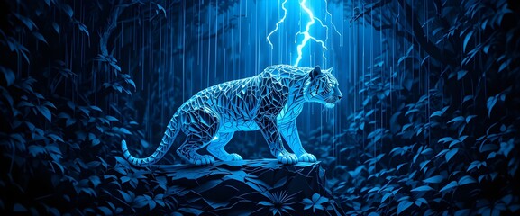 Luminous Paper Tiger: Bengal in a Blue Lightning Jungle Storm