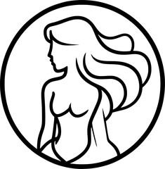 monochrome circular vector logo of a stylized mermaid with bold line design