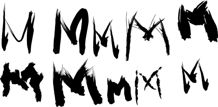 Collection of stylized anarchist "M" symbols drawn in various grunge, abstract, and expressive brushstroke styles on a white background. Ideal for punk, rebellion, or subculture-themed design.