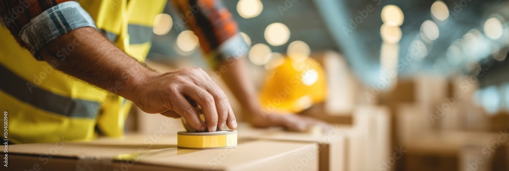 Poster Worker Labels Building Adhesive Boxes in a Warehouse Setting With Soft Lighting and a Safety Helmet in the Background
