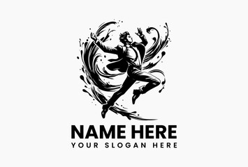 Dynamic suited dancer silhouette with energetic paint splashes vector logo. Artistic movement emblem  