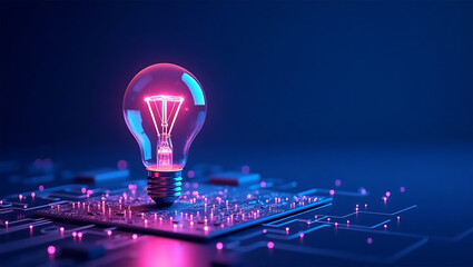 Glowing Neon Glass Lightbulb on Minimal Background with Copy Space