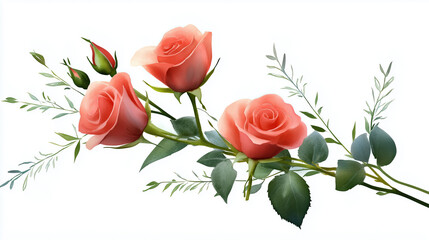 Obraz premium Three beautiful pink roses with green leaves and buds, symbolizing love and affection, perfect for Valentine Day