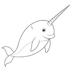 Obraz premium Outline narwhal shows cute sea creature with spiraled horn and friendly smile
