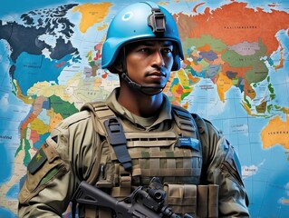 "Peacekeeper Soldier with Rifle and Dove in Front of Colorful World Map &ndash; Unity and Peace Concept"