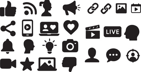 Black vector silhouettes representing 20+ social media and content creation elements like cameras, video icons, followers, laptops, megaphones, hearts, and more.

