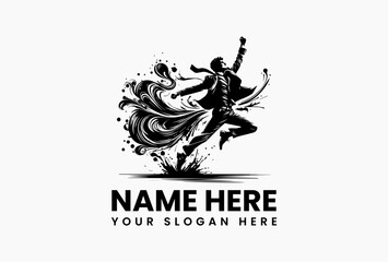 Dynamic suited dancer silhouette with energetic paint splashes vector logo. Artistic movement emblem  