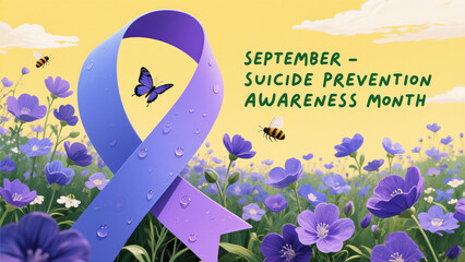 The purple ribbons and insects in the flowers symbolize the beauty of life. In September, Suicide Prevention Month advocates cherishing life and preventing suicide.