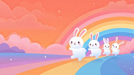 Obraz premium Whimsical Bunnies on Rainbow Sky