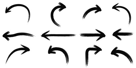 Left right curve direction pointing brush style arrows black silhouette design elements