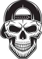 Urban Skull silhouette Vector – Cool Skeleton Head in Baseball Cap with Flames | Black and White Flaming Skull Wearing a Baseball Cap Illustration
