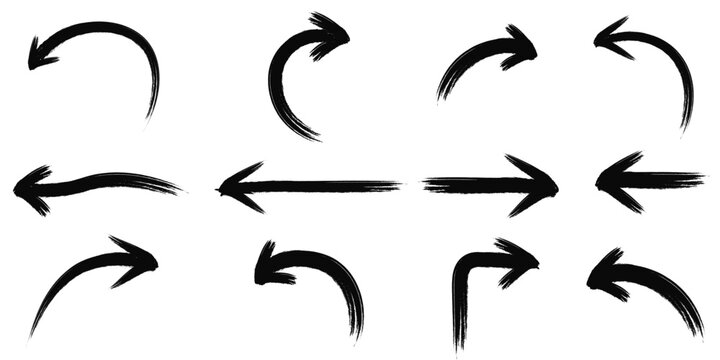 Left right curve direction pointing brush style arrows black silhouette design elements