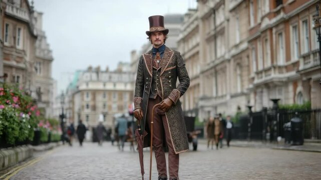 Steampunk Gentleman Standing on Cobblestone Street in London, England, Wearing Victorian Era Inspired Fashion and Holding Umbrella